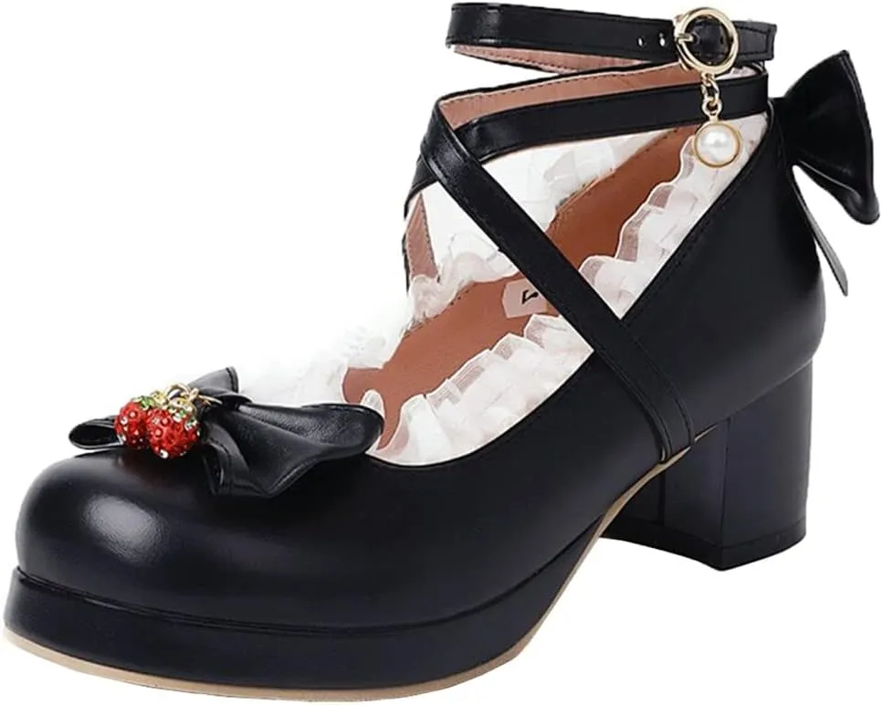 Betastella Women's Cute Platform Cosplay Shoes Mary Janes Chunky Heel Cross Ankle Strap Pumps with Bows