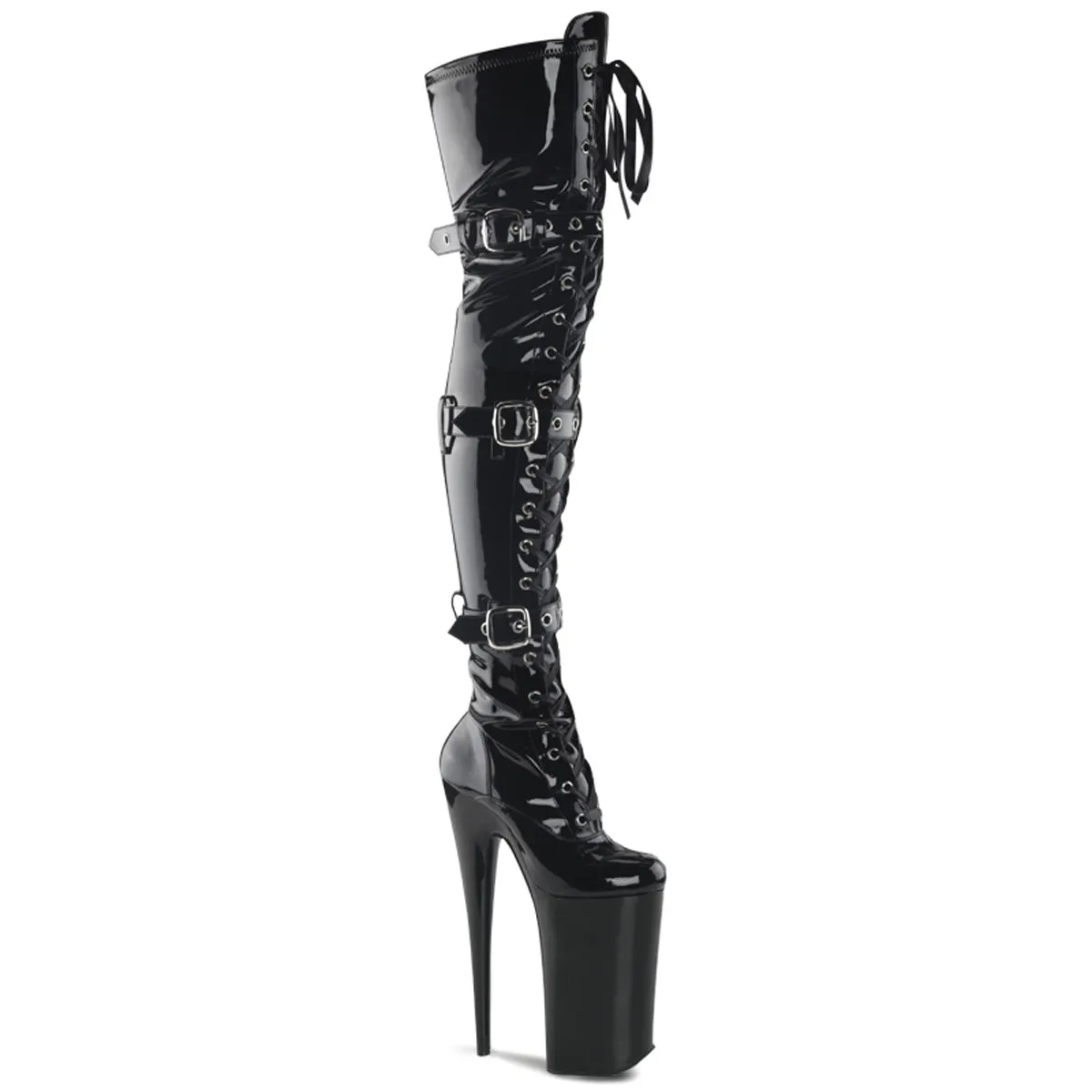 Beyond 3028 Black Patent 10" Heel Buckle Strap OTK Thigh Boots -Direct