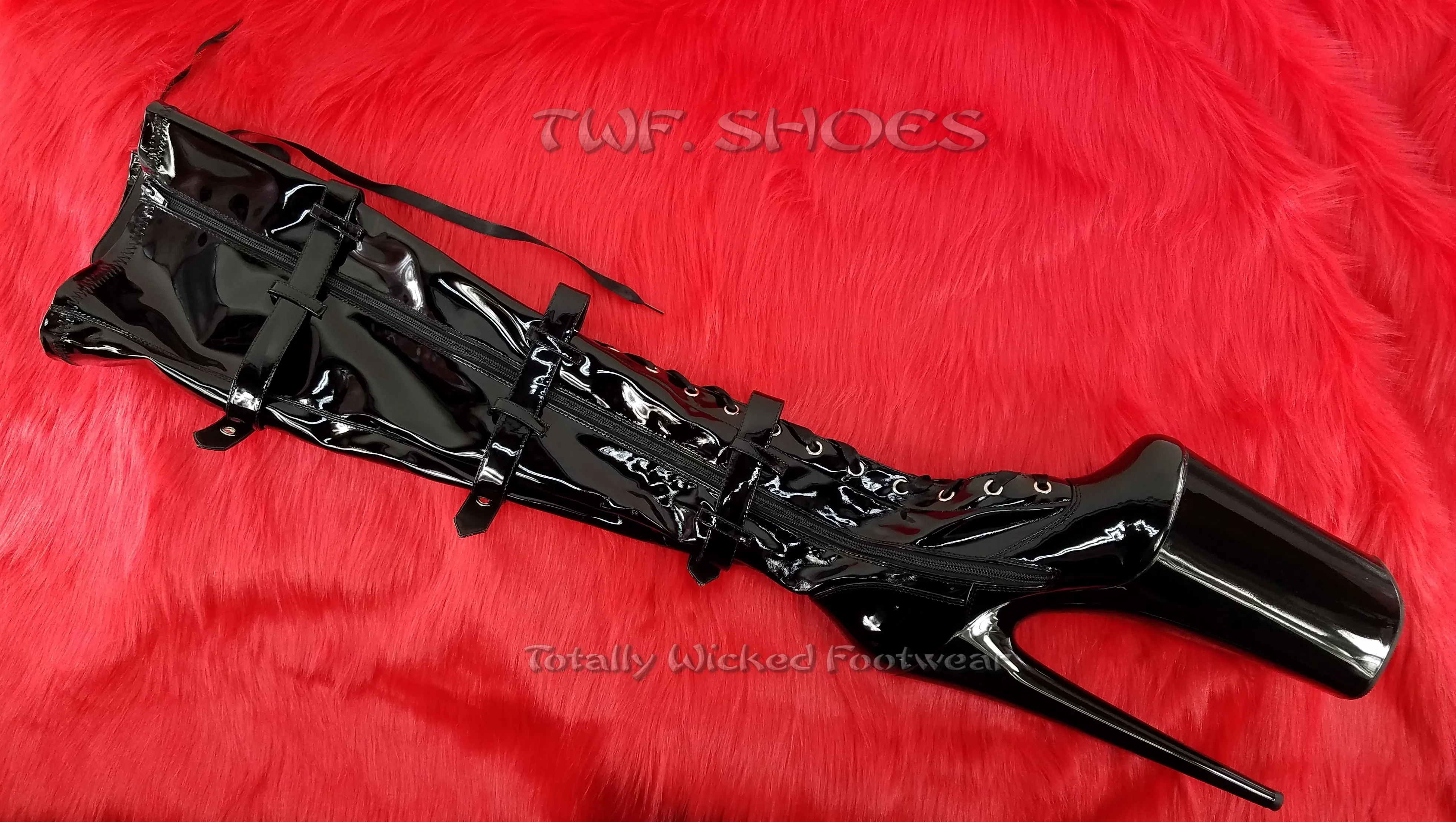Beyond 3028 Black Patent 10" Heel Buckle Strap OTK Thigh Boots -Direct