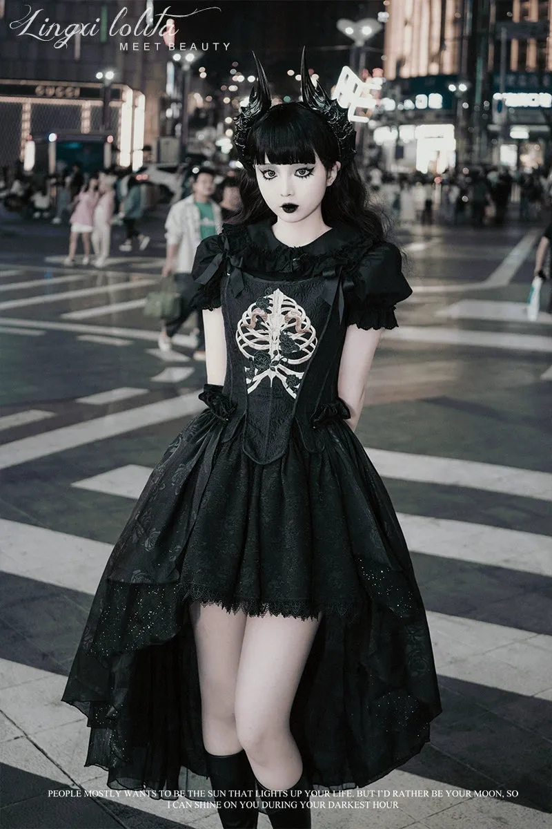 (BFM)Lingxi Lolita~Bone island Gothic Lolita Corset Goth Blouse Skirt Set
