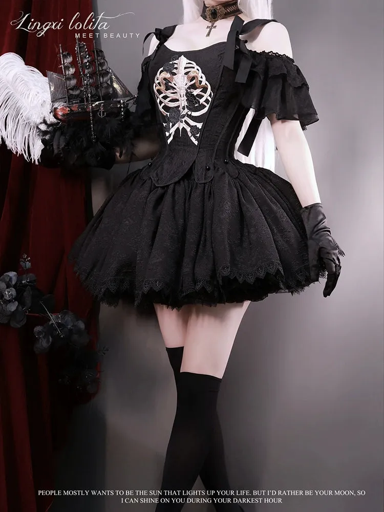 (BFM)Lingxi Lolita~Bone island Gothic Lolita Corset Goth Blouse Skirt Set