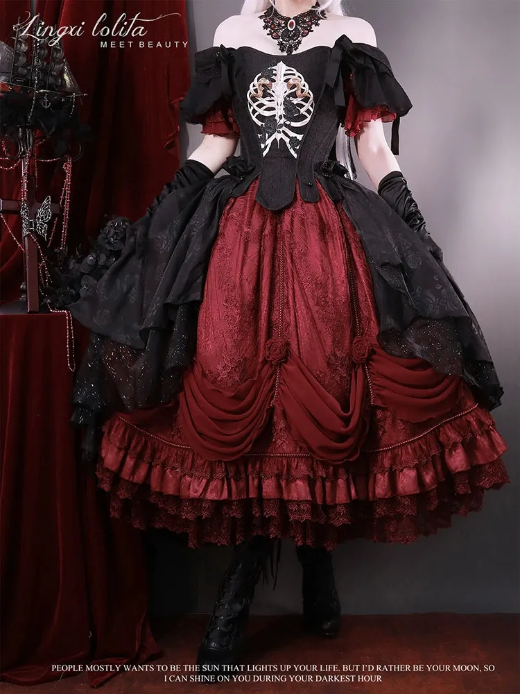 (BFM)Lingxi Lolita~Bone island Gothic Lolita Corset Goth Blouse Skirt Set