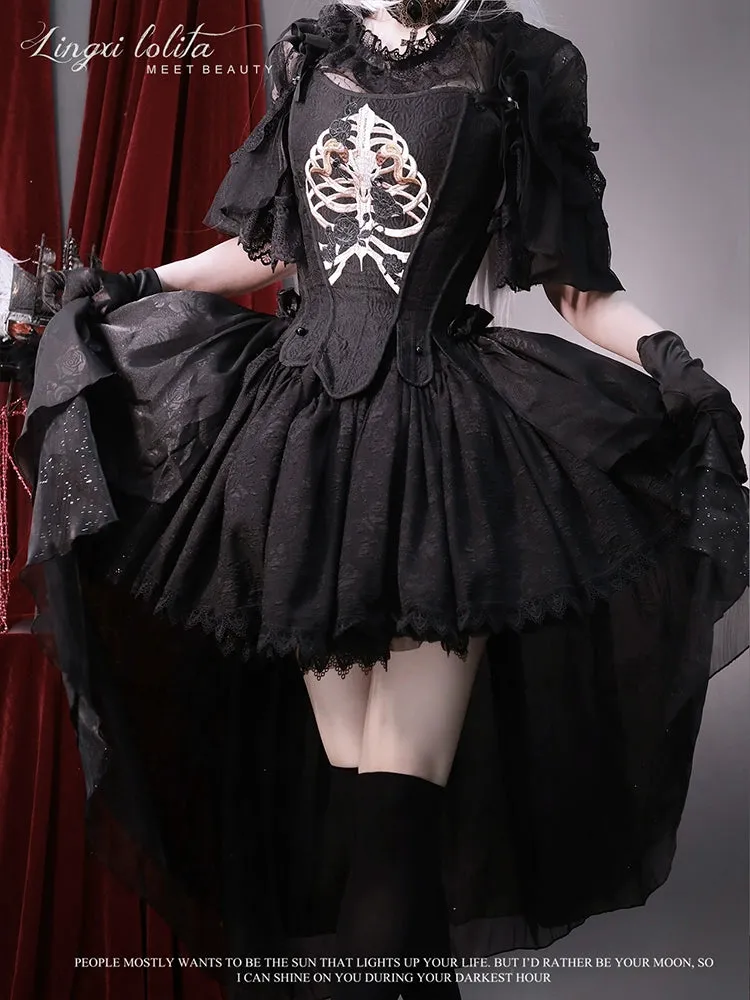 (BFM)Lingxi Lolita~Bone island Gothic Lolita Corset Goth Blouse Skirt Set