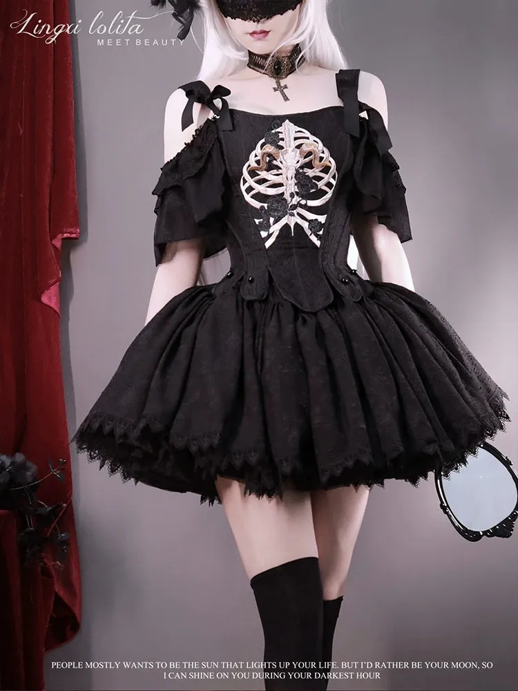(BFM)Lingxi Lolita~Bone island Gothic Lolita Corset Goth Blouse Skirt Set
