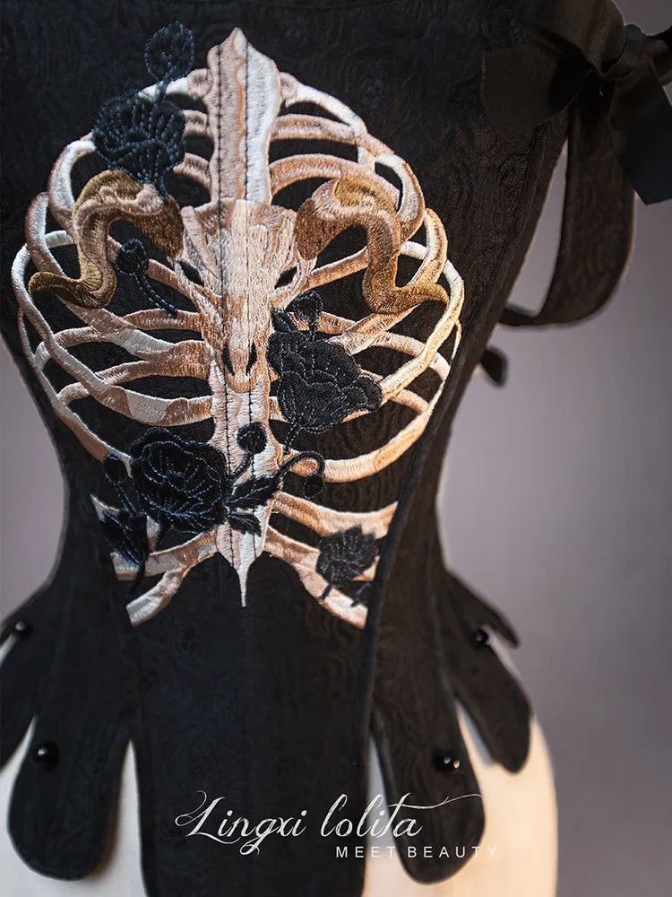 (BFM)Lingxi Lolita~Bone island Gothic Lolita Corset Goth Blouse Skirt Set