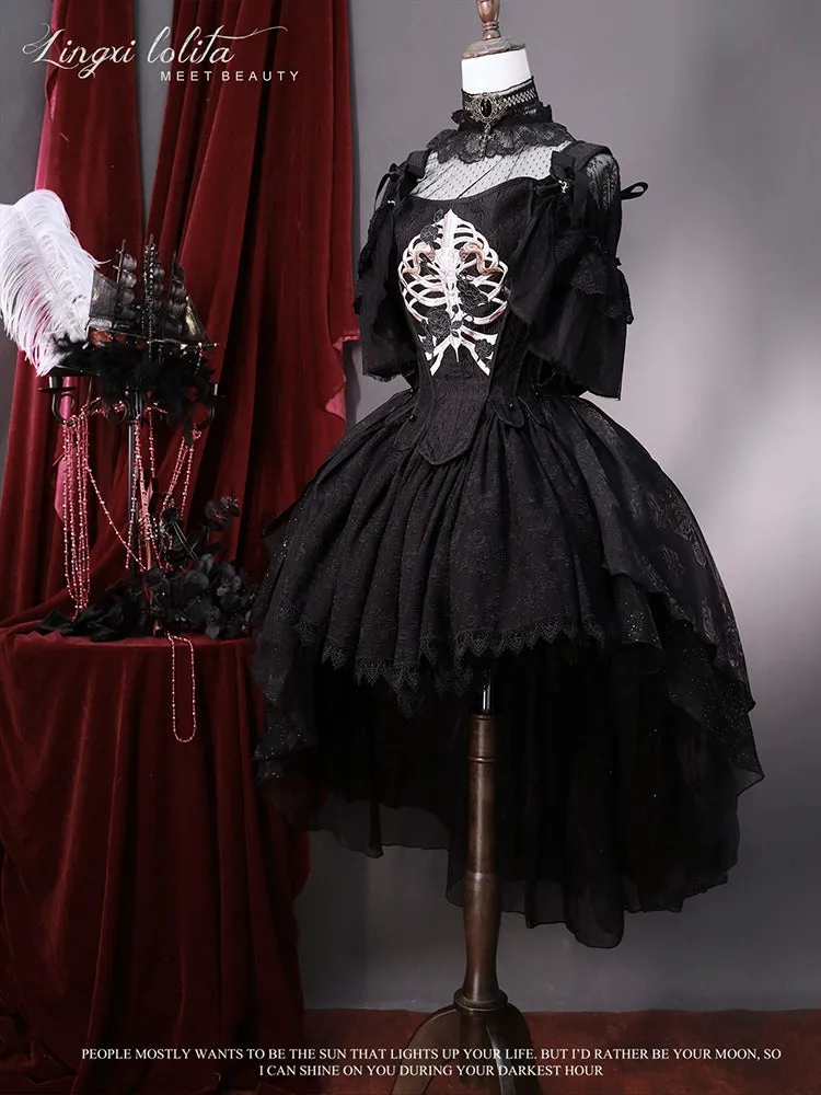 (BFM)Lingxi Lolita~Bone island Gothic Lolita Corset Goth Blouse Skirt Set
