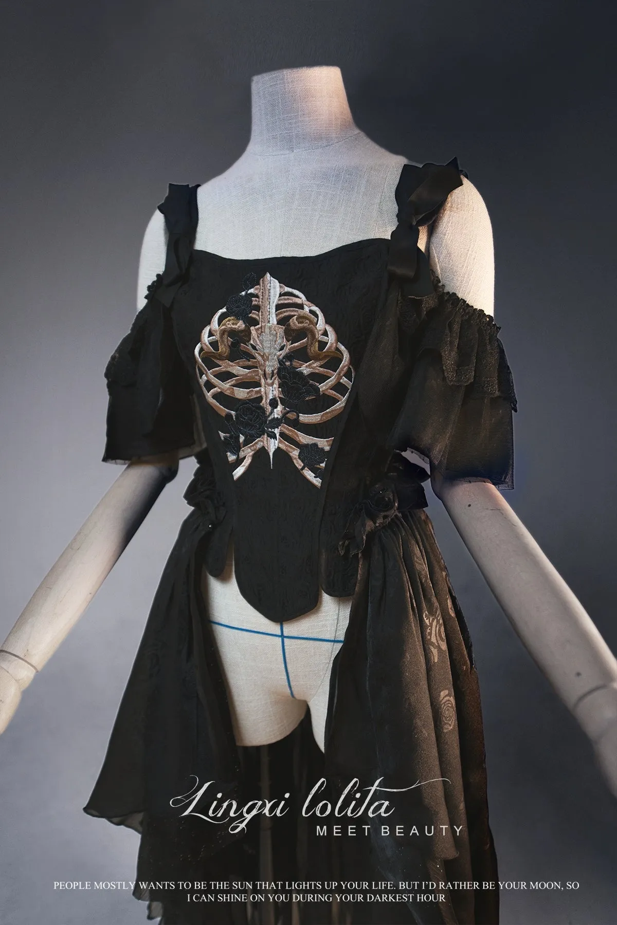 (BFM)Lingxi Lolita~Bone island Gothic Lolita Corset Goth Blouse Skirt Set