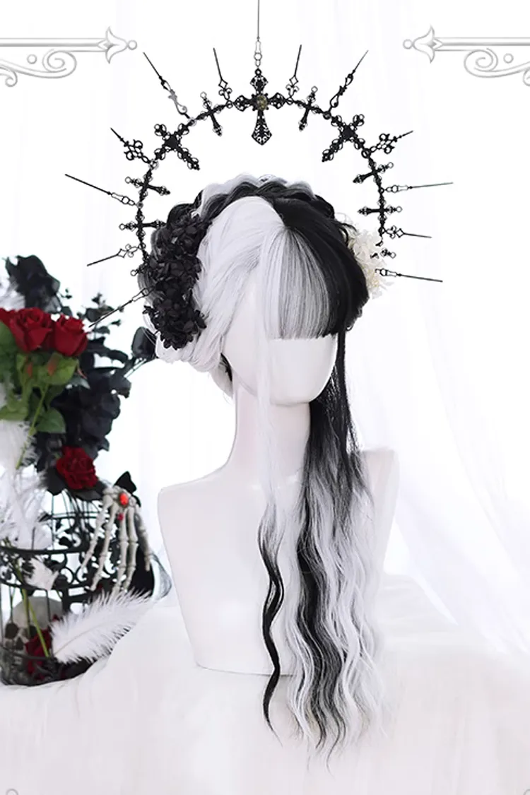Black And White Color Matching Long Wavy Curly Hair Gothic Lolita Wigs