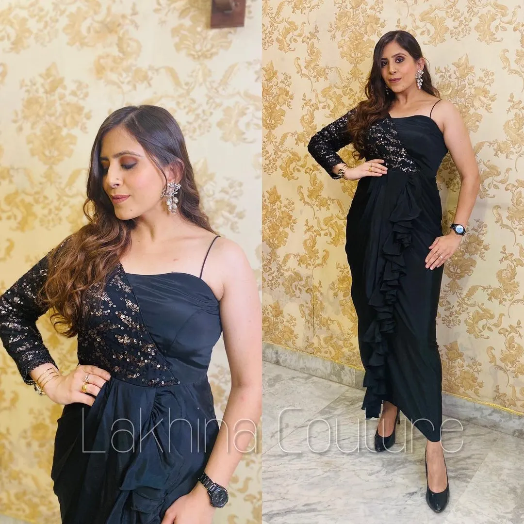 Black Glitter Drape Gown