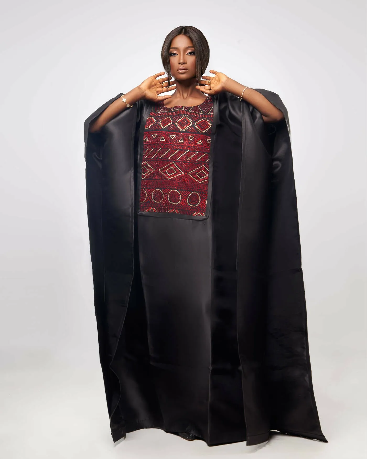 Black Jewelled Satin and African Print Kaftan Boubou