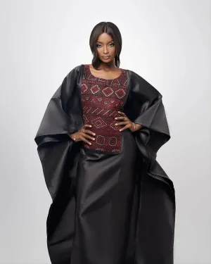Black Jewelled Satin and African Print Kaftan Boubou