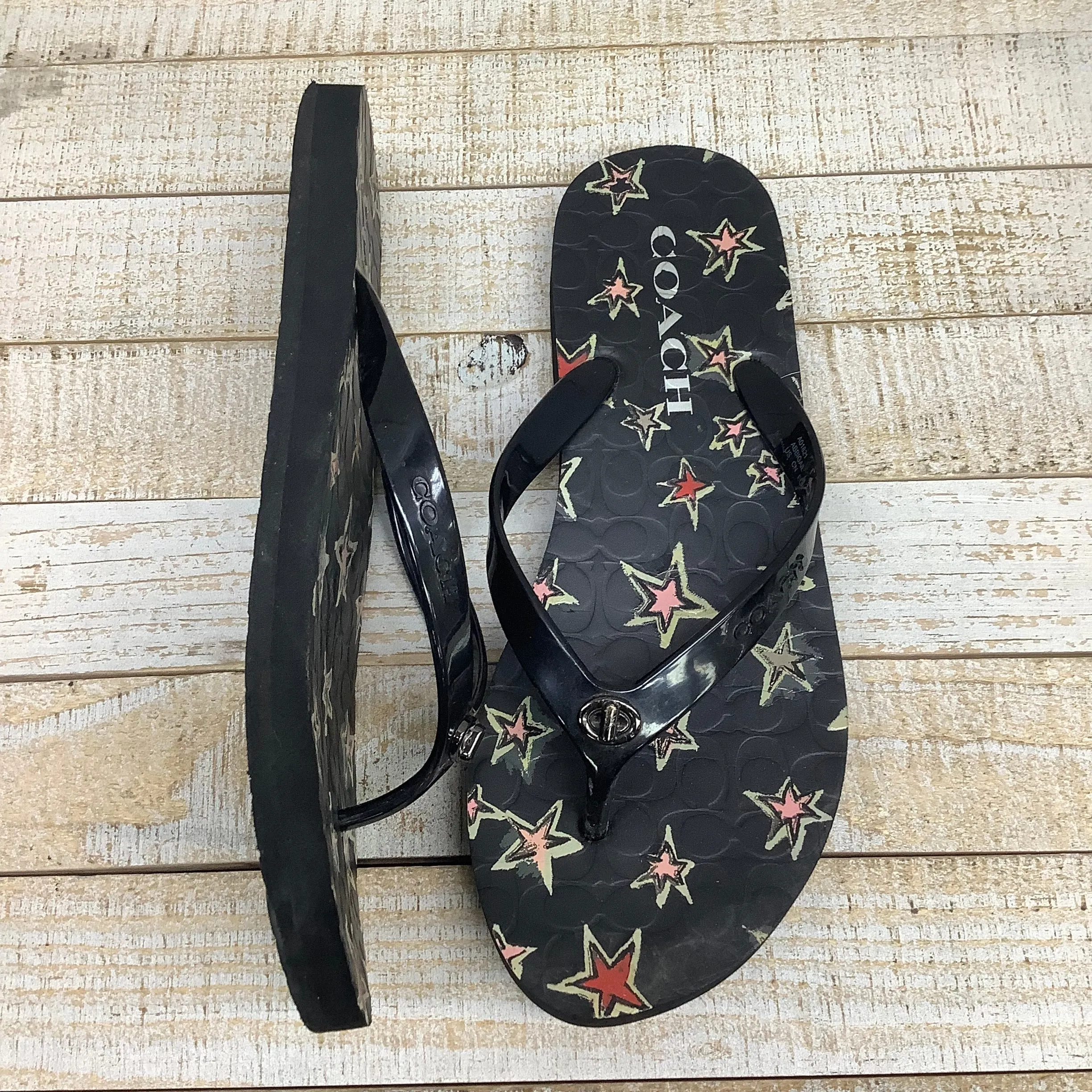 Dynamic Arch Cushion Flexible Outsole Black Sandals Flip Flops designer by Coach, Size 6