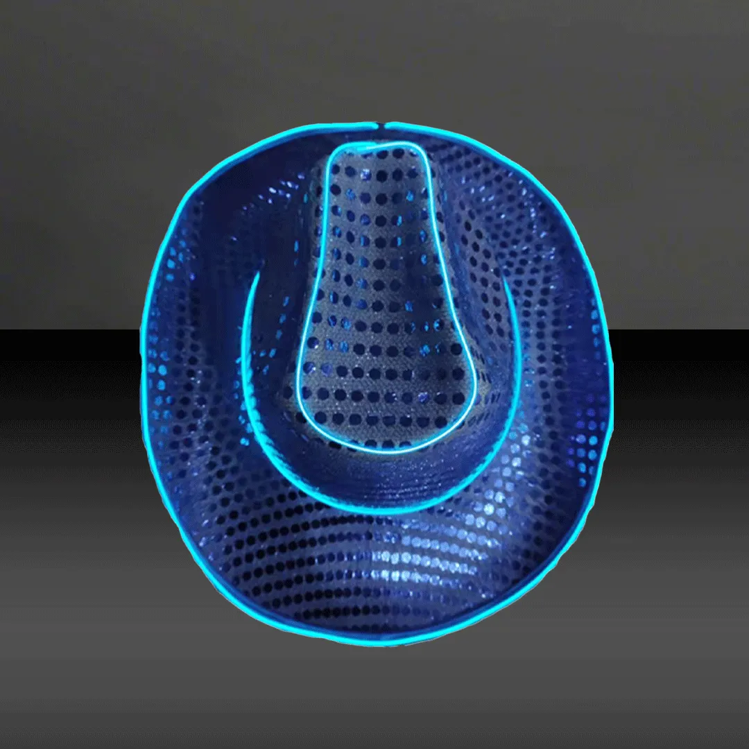 Blue LED Flashing EL Wire Glow Sequin Cowboy Party Hat