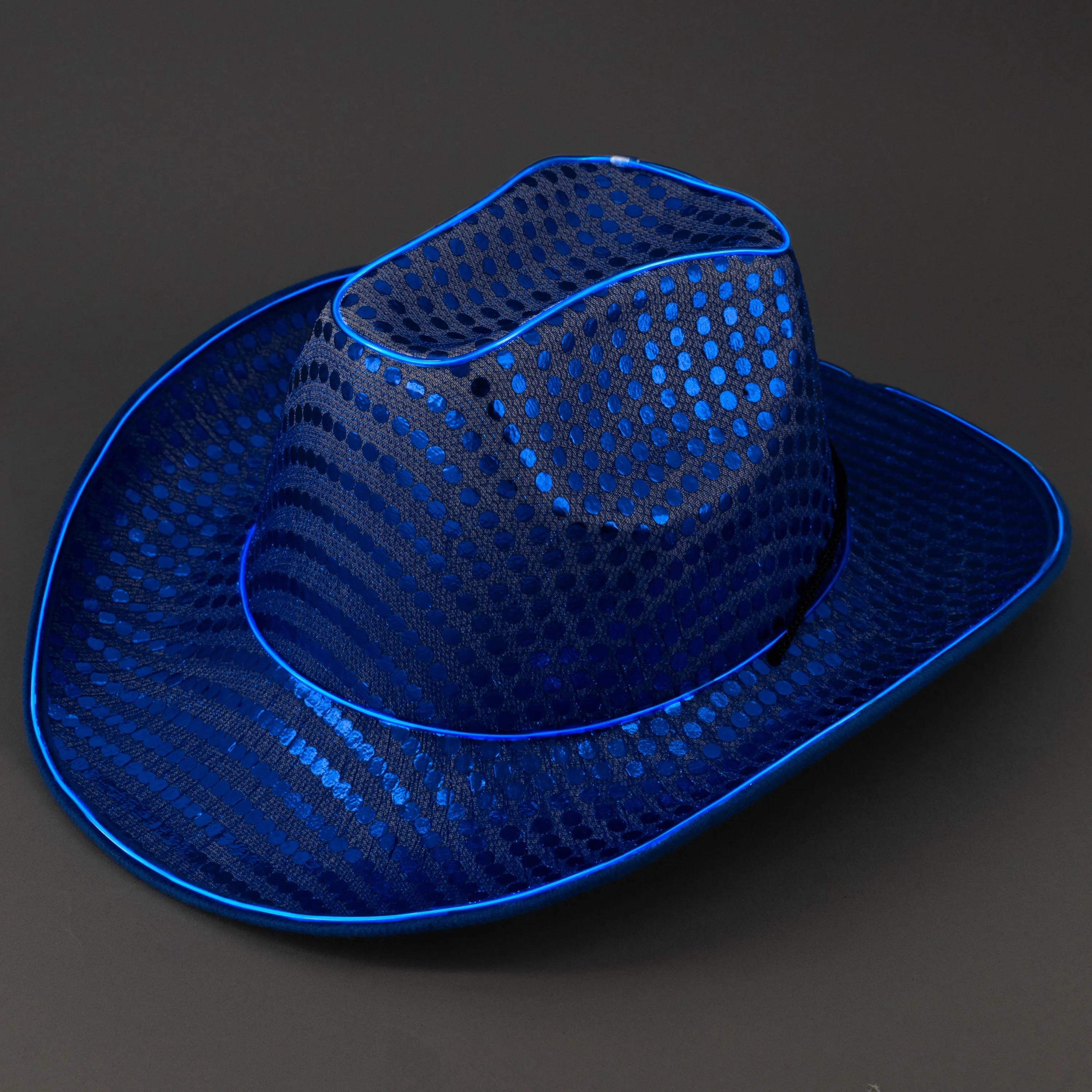 Blue LED Flashing EL Wire Glow Sequin Cowboy Party Hat