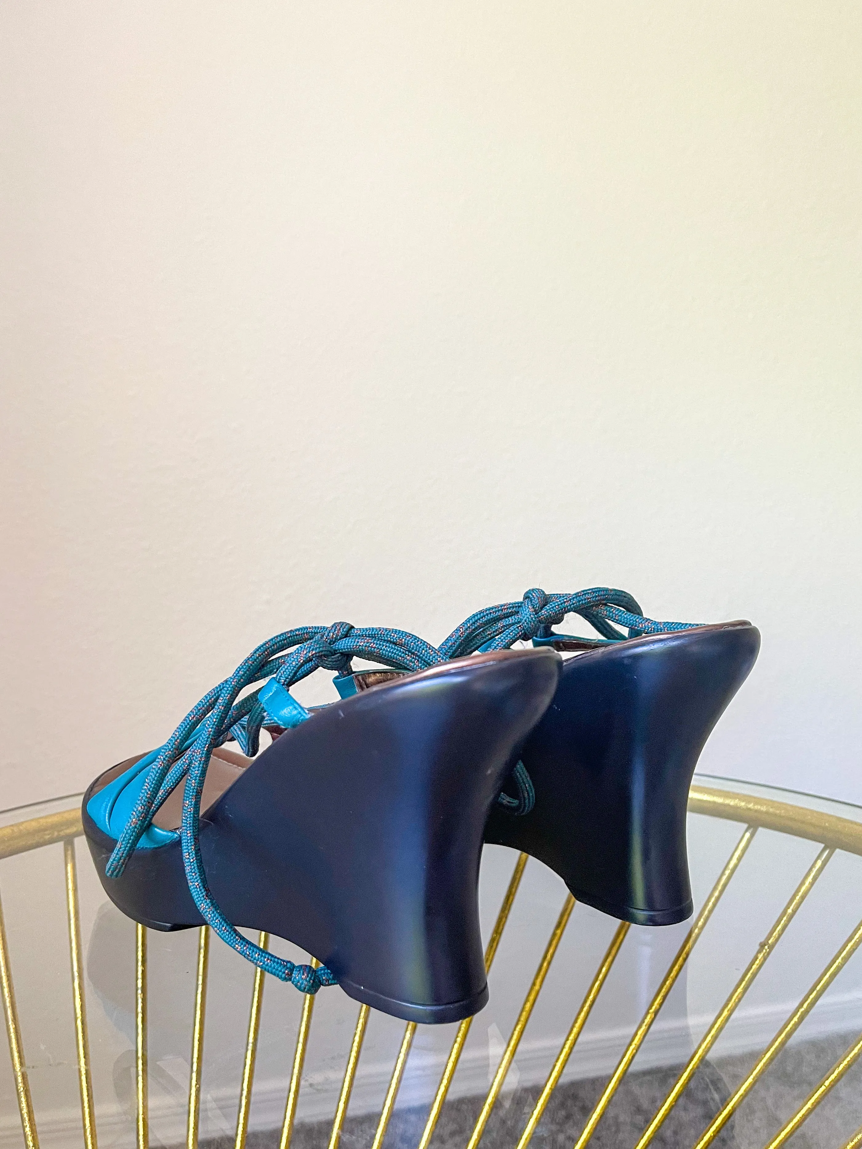 Blue Y2K Lace Up Wedge Heels