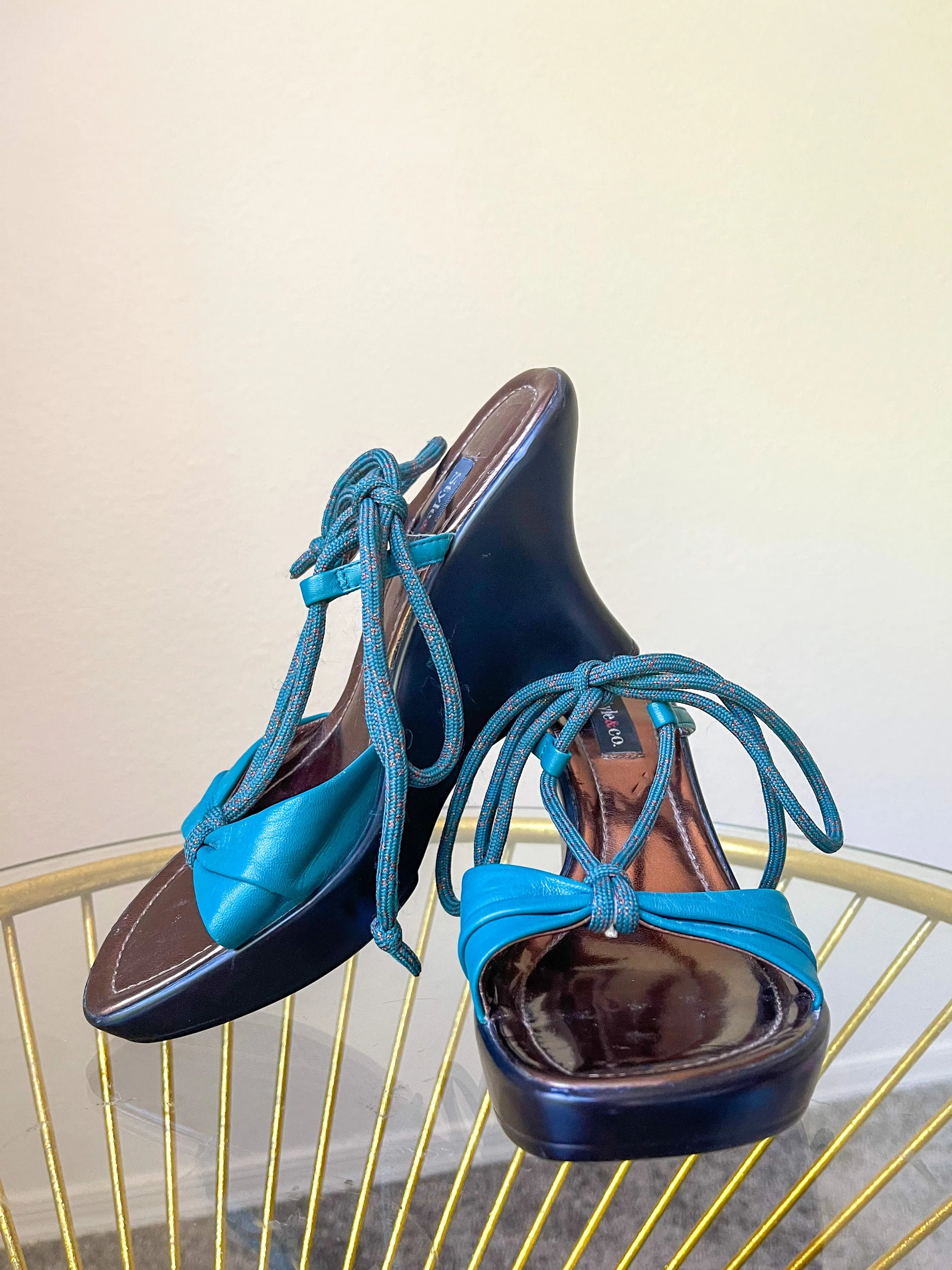 Blue Y2K Lace Up Wedge Heels