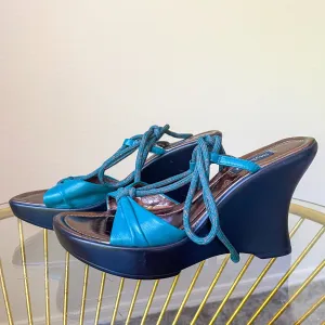 Blue Y2K Lace Up Wedge Heels