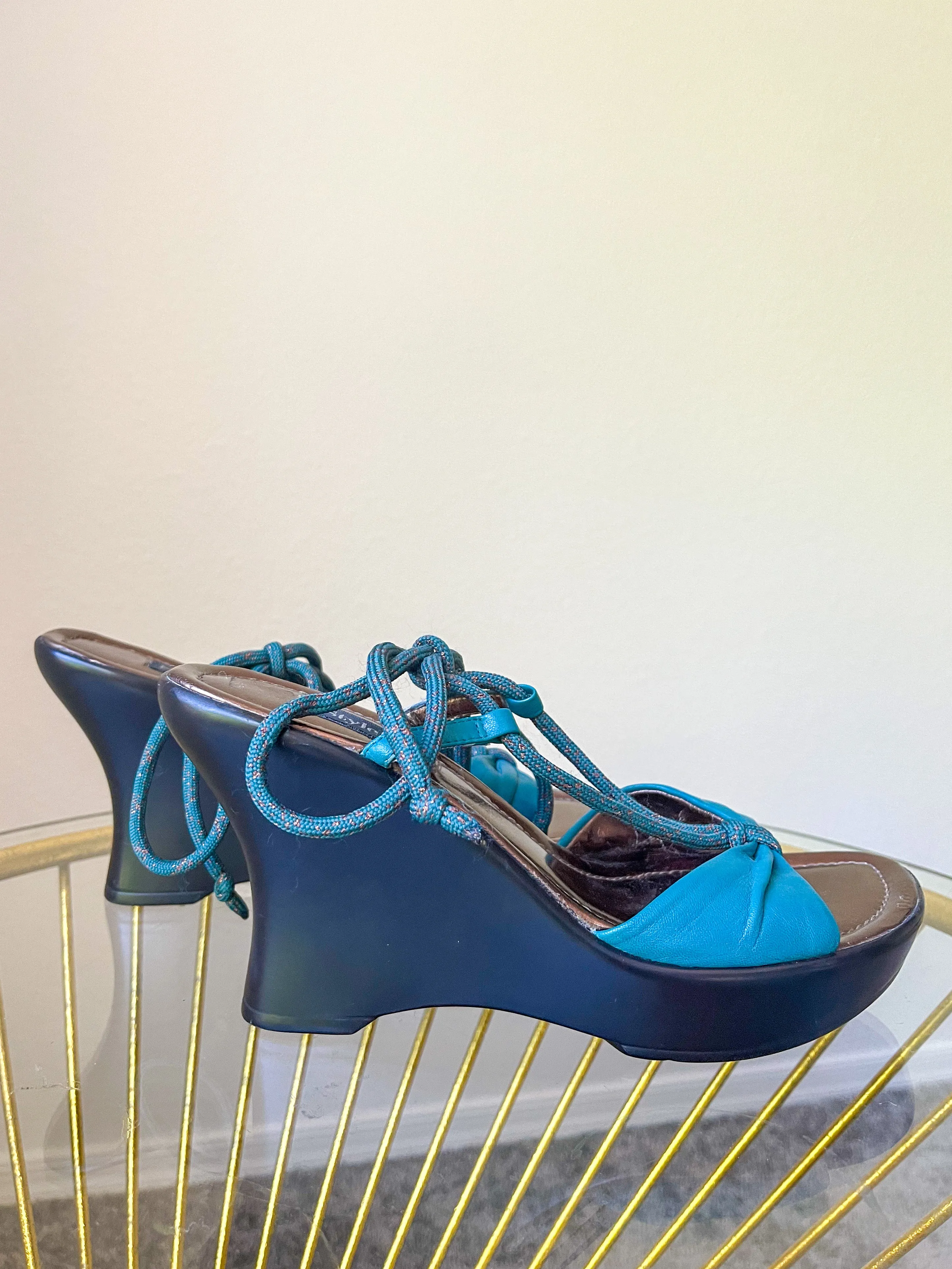 Blue Y2K Lace Up Wedge Heels