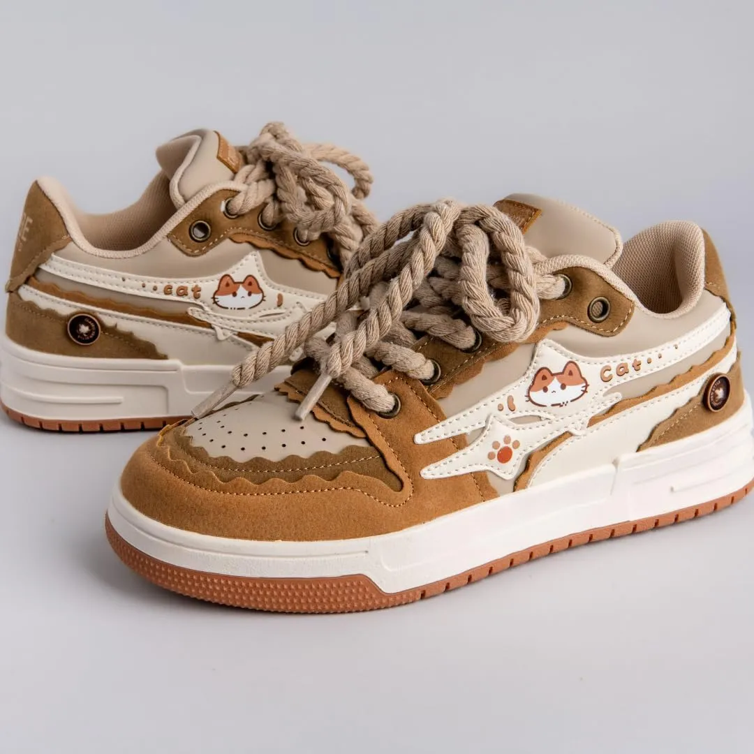 Bobo's House Unisex Women Men Shoes Kawaii Friendly Kitty Chunky Brown Shoes Fashion Chunky Sneakers Walking Shoes Womens Mens Kawaii Accessories White Vegan Leather Shoes