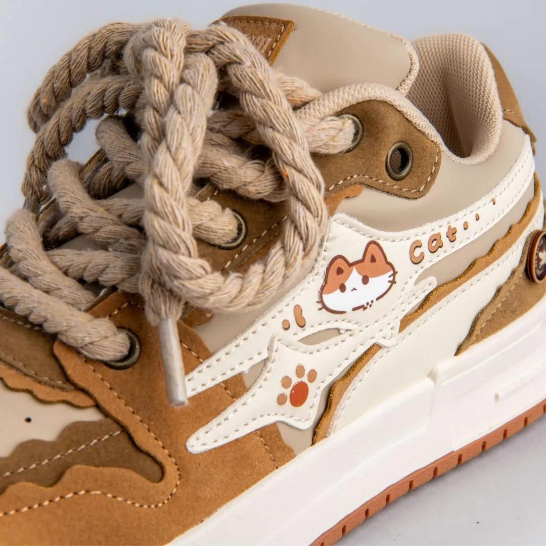 Bobo's House Unisex Women Men Shoes Kawaii Friendly Kitty Chunky Brown Shoes Fashion Chunky Sneakers Walking Shoes Womens Mens Kawaii Accessories White Vegan Leather Shoes