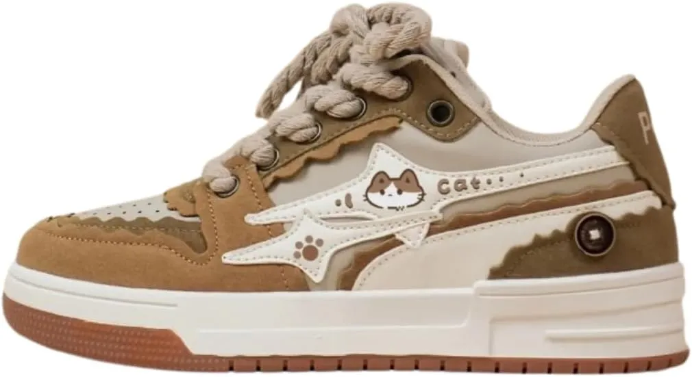 Bobo's House Unisex Women Men Shoes Kawaii Friendly Kitty Chunky Brown Shoes Fashion Chunky Sneakers Walking Shoes Womens Mens Kawaii Accessories White Vegan Leather Shoes