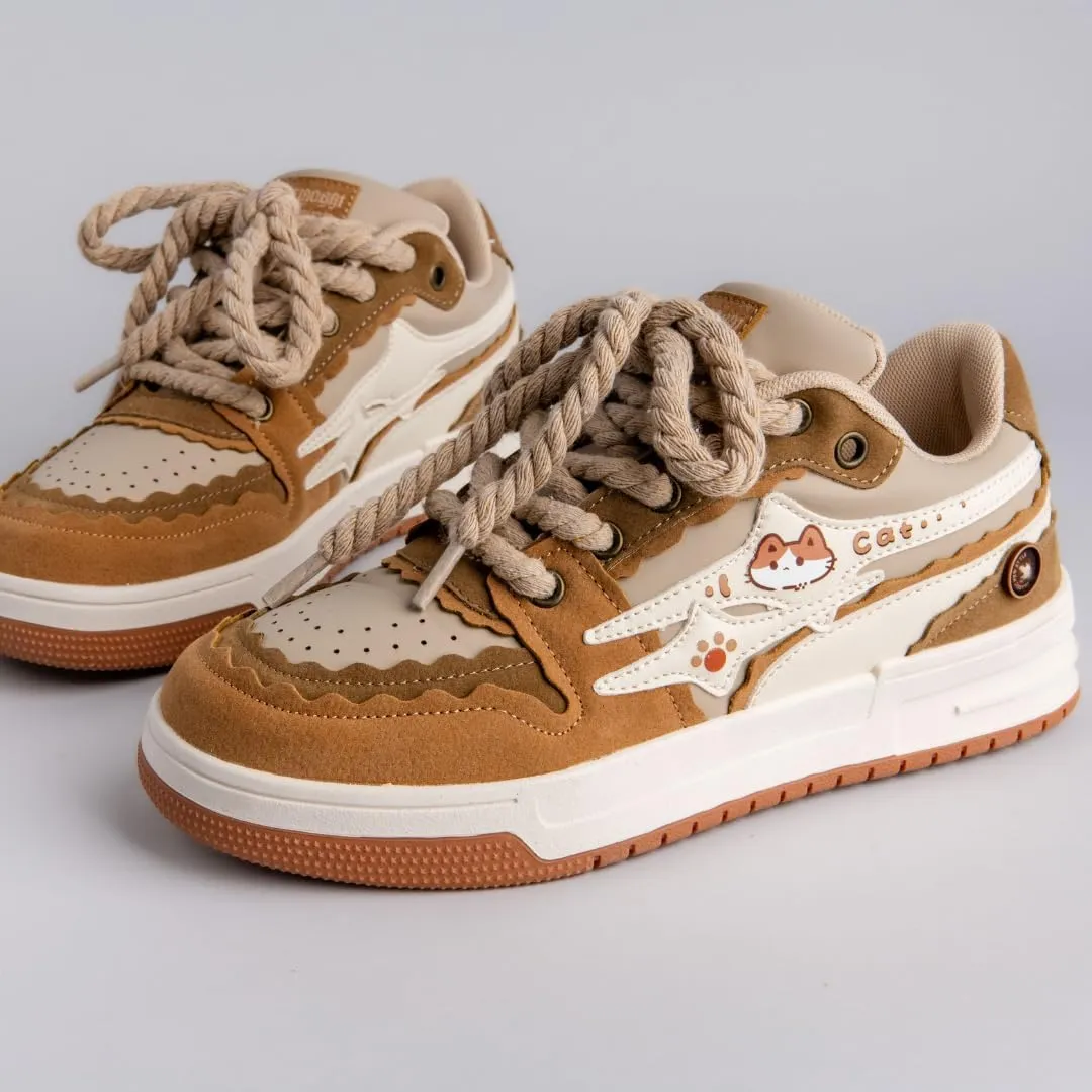Bobo's House Unisex Women Men Shoes Kawaii Friendly Kitty Chunky Brown Shoes Fashion Chunky Sneakers Walking Shoes Womens Mens Kawaii Accessories White Vegan Leather Shoes