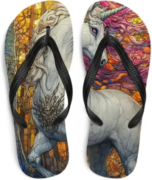 Boho Fantasy Unicorn Flip-Flops, Colorful Mythical Horse Sandals, Cute Aesthetic Beach Slides, Summer Casual Footwear