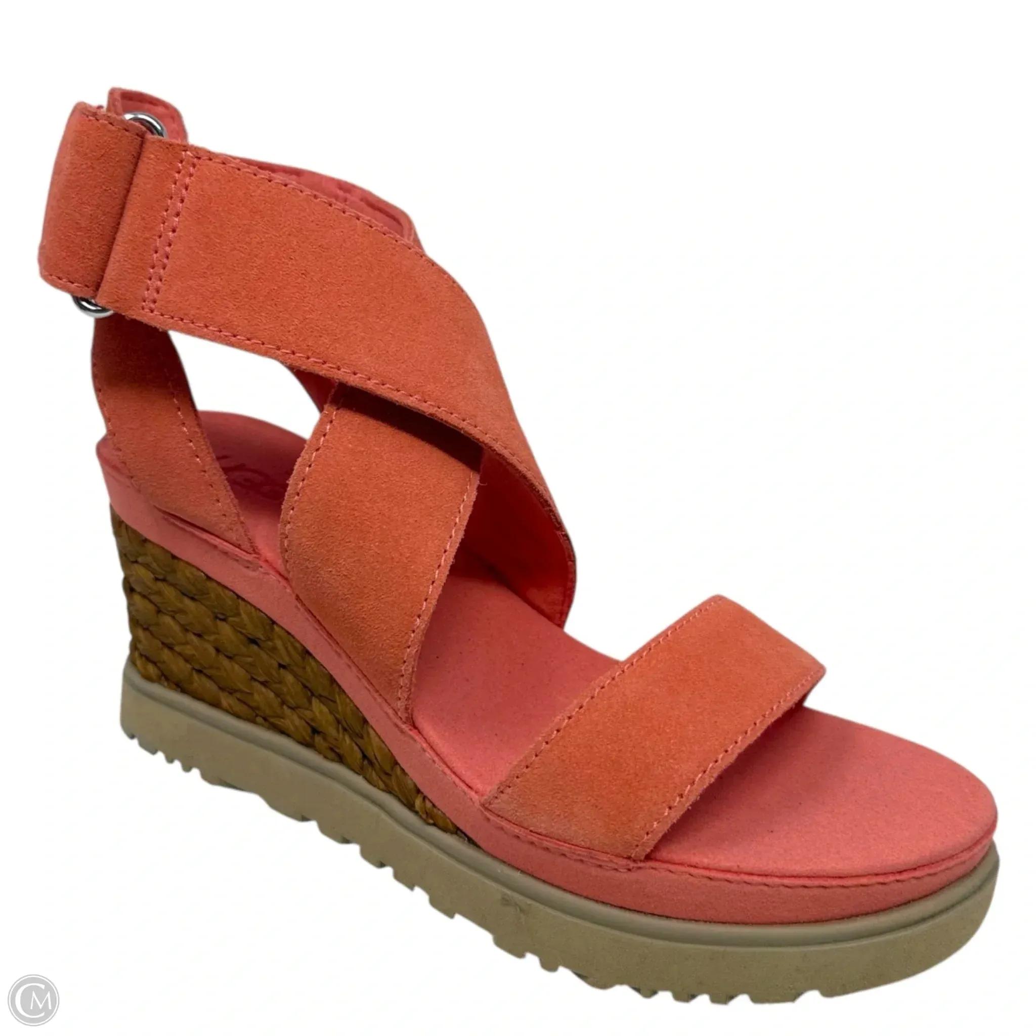 Satin Glow Comfort Cushion Ileana Ankle Strap Wedge Sandals Designer By Ugg In Peach, Size: 7