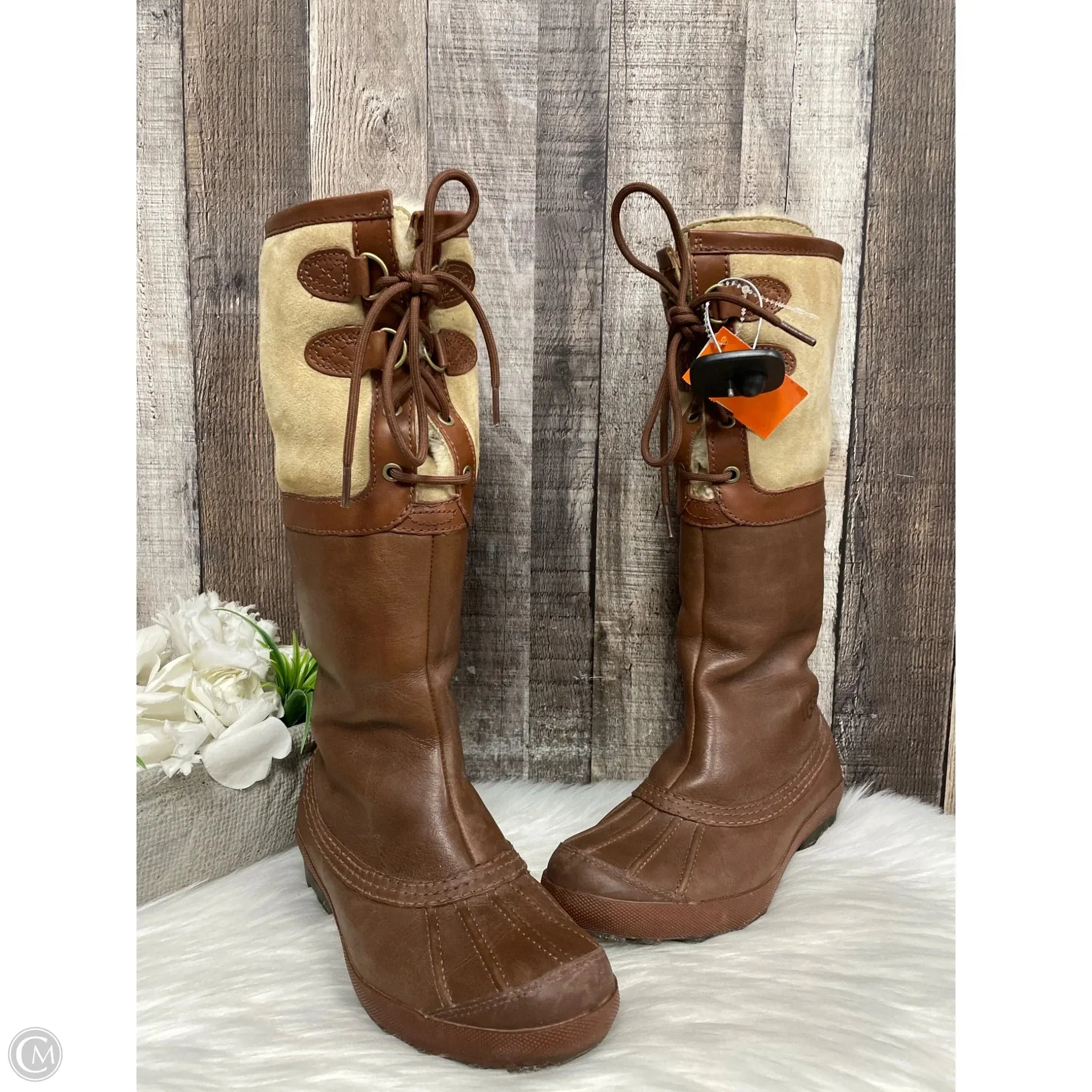 Seamless Fit Work Commute Stone Gray Boots Designer By Ugg In Brown, Size: 6.5