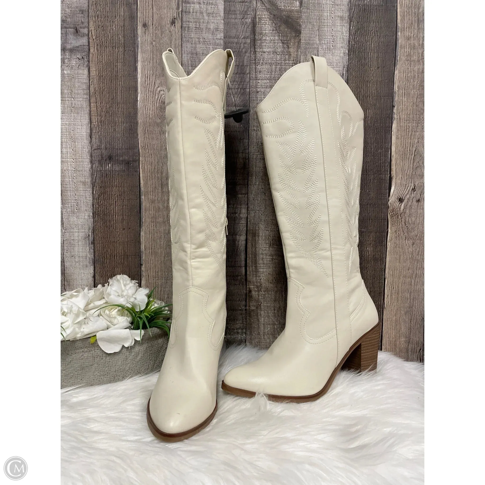 Boots Knee Heels By Mia In Beige, Size: 10 Asymmetric Lacing System