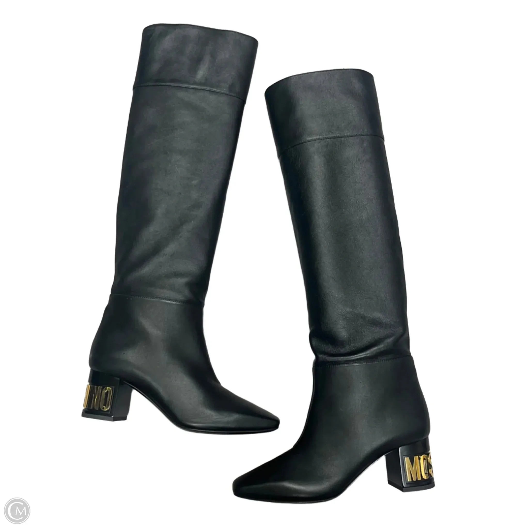 Handcrafted Detailing Non Slip Office Workers Boots Luxury Designer By Moschino In Black & Gold, Size: 8.5