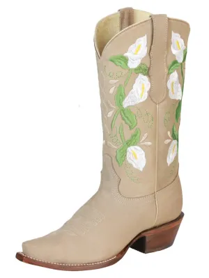Botas Vaqueras Retro con Tubo Bordado de Flores Piel Nobuck para Mujer 'Centenario' *ARENA-43290*