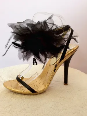 Brand New Moda In Pelle Black Flower Trim Heel Sandals Size 5/38