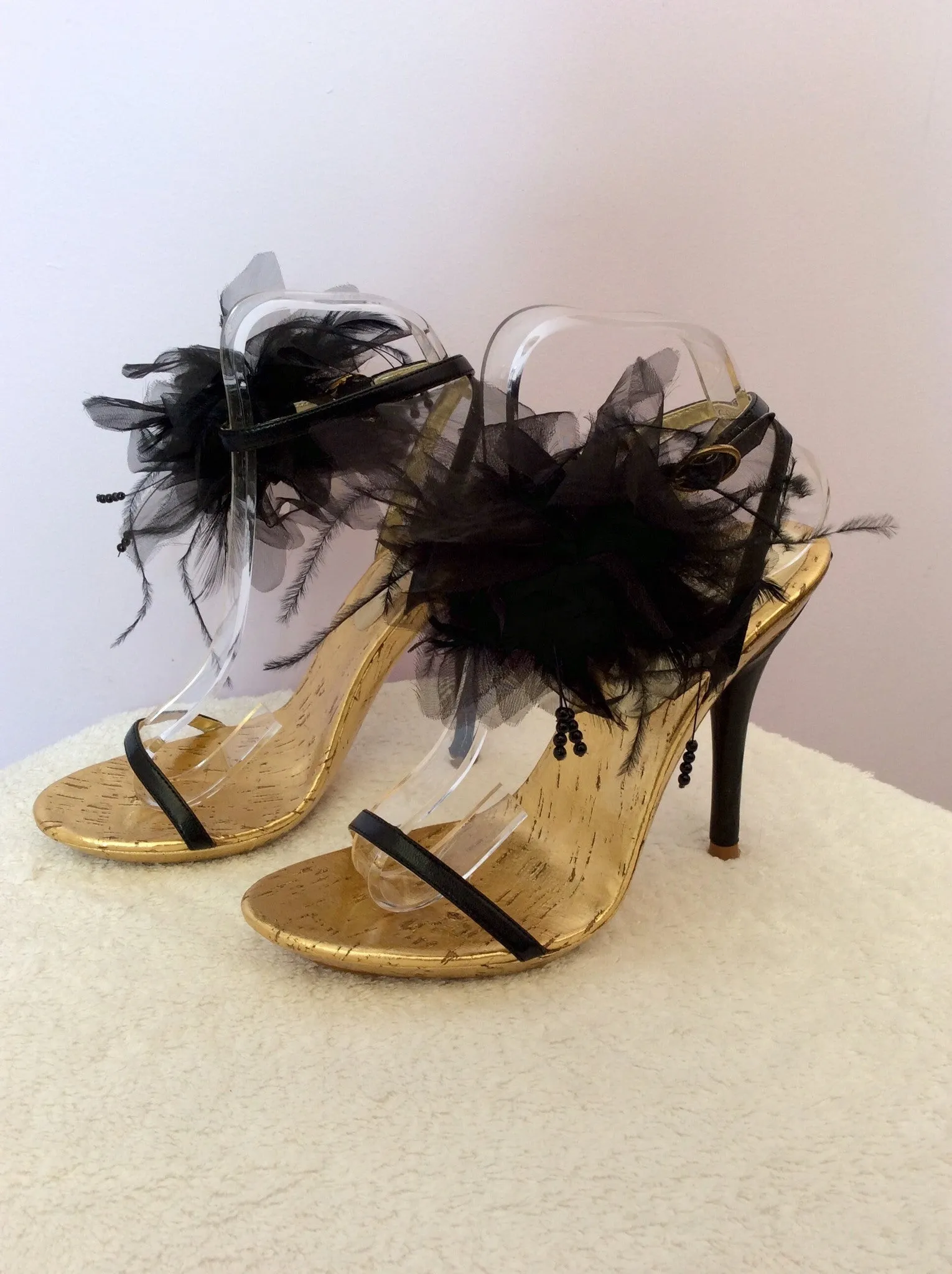 Brand New Moda In Pelle Black Flower Trim Heel Sandals Size 5/38