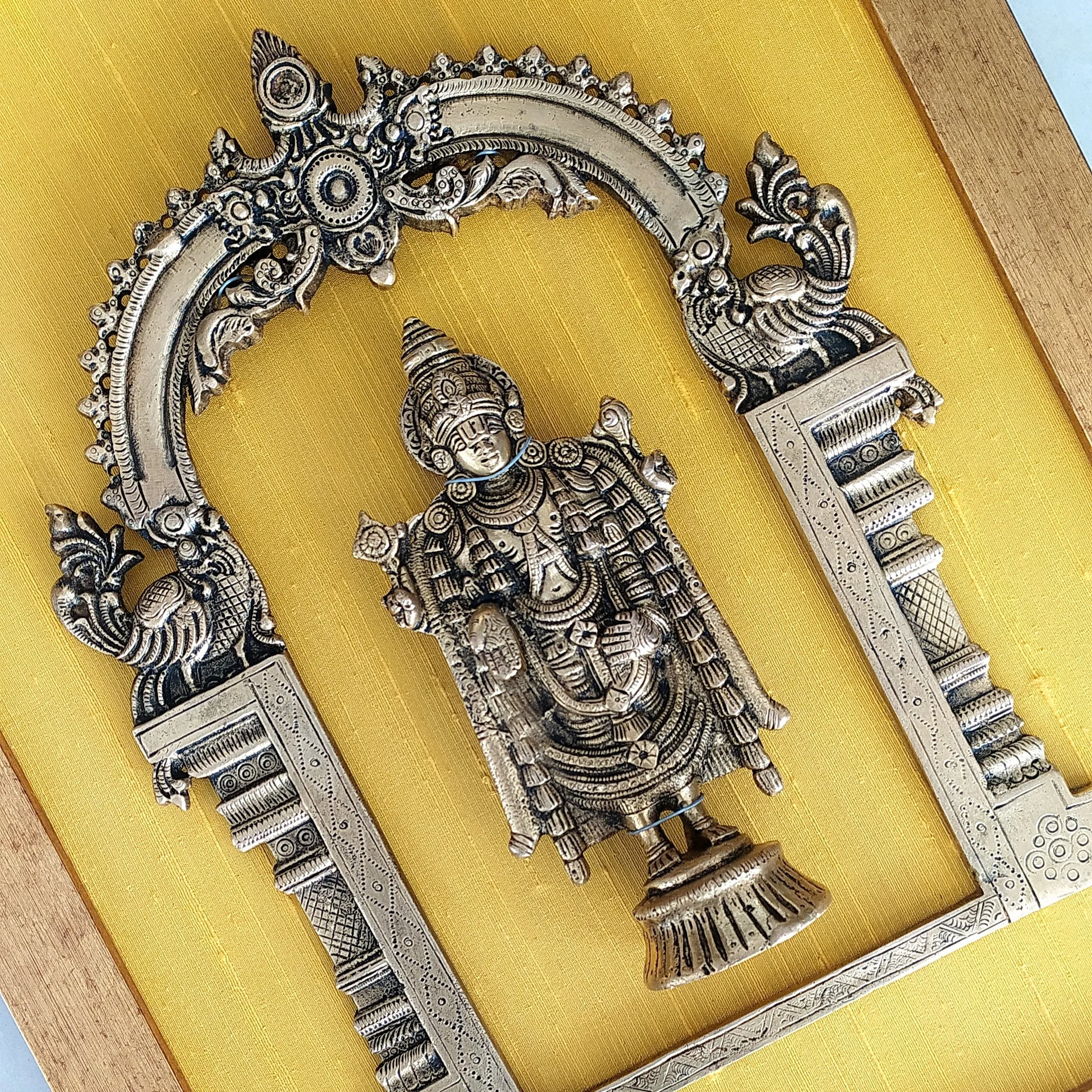 Brass Prabhavali Framed On Yellow Golden Silk With Lord Balaji . Frame - Height 45 cm x Width 35 cm