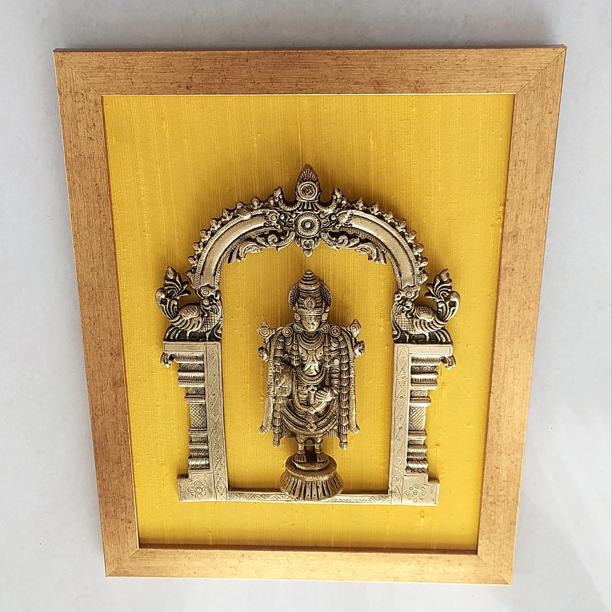 Brass Prabhavali Framed On Yellow Golden Silk With Lord Balaji . Frame - Height 45 cm x Width 35 cm