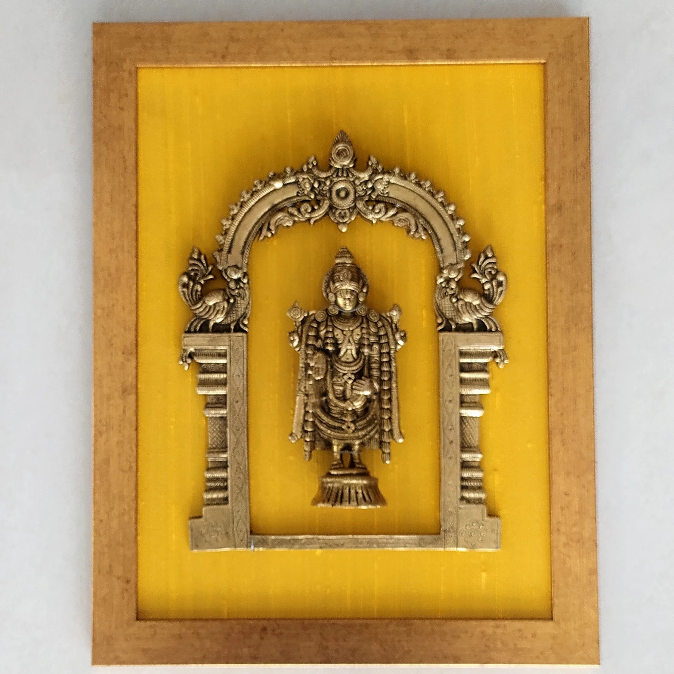 Brass Prabhavali Framed On Yellow Golden Silk With Lord Balaji . Frame - Height 45 cm x Width 35 cm