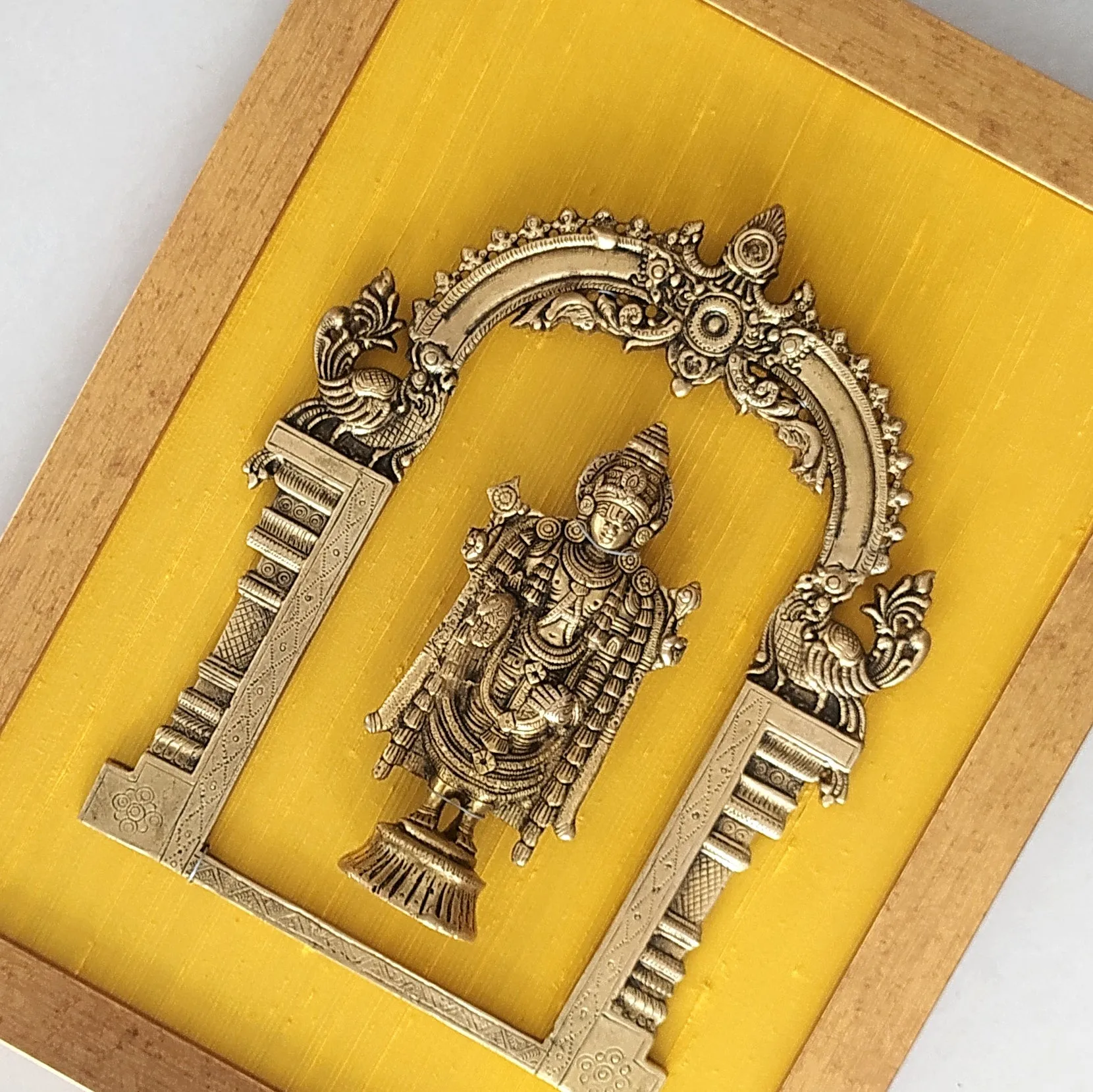 Brass Prabhavali Framed On Yellow Golden Silk With Lord Balaji . Frame - Height 45 cm x Width 35 cm