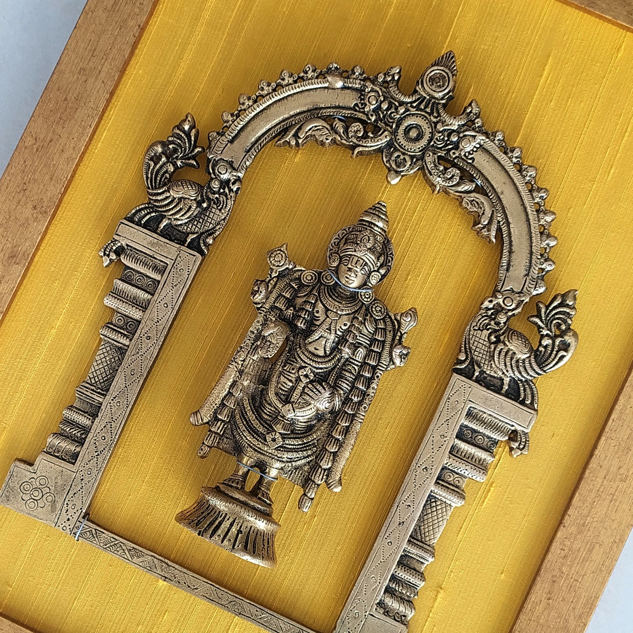 Brass Prabhavali Framed On Yellow Golden Silk With Lord Balaji . Frame - Height 45 cm x Width 35 cm