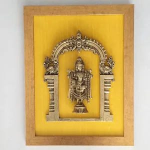 Brass Prabhavali Framed On Yellow Golden Silk With Lord Balaji . Frame - Height 45 cm x Width 35 cm