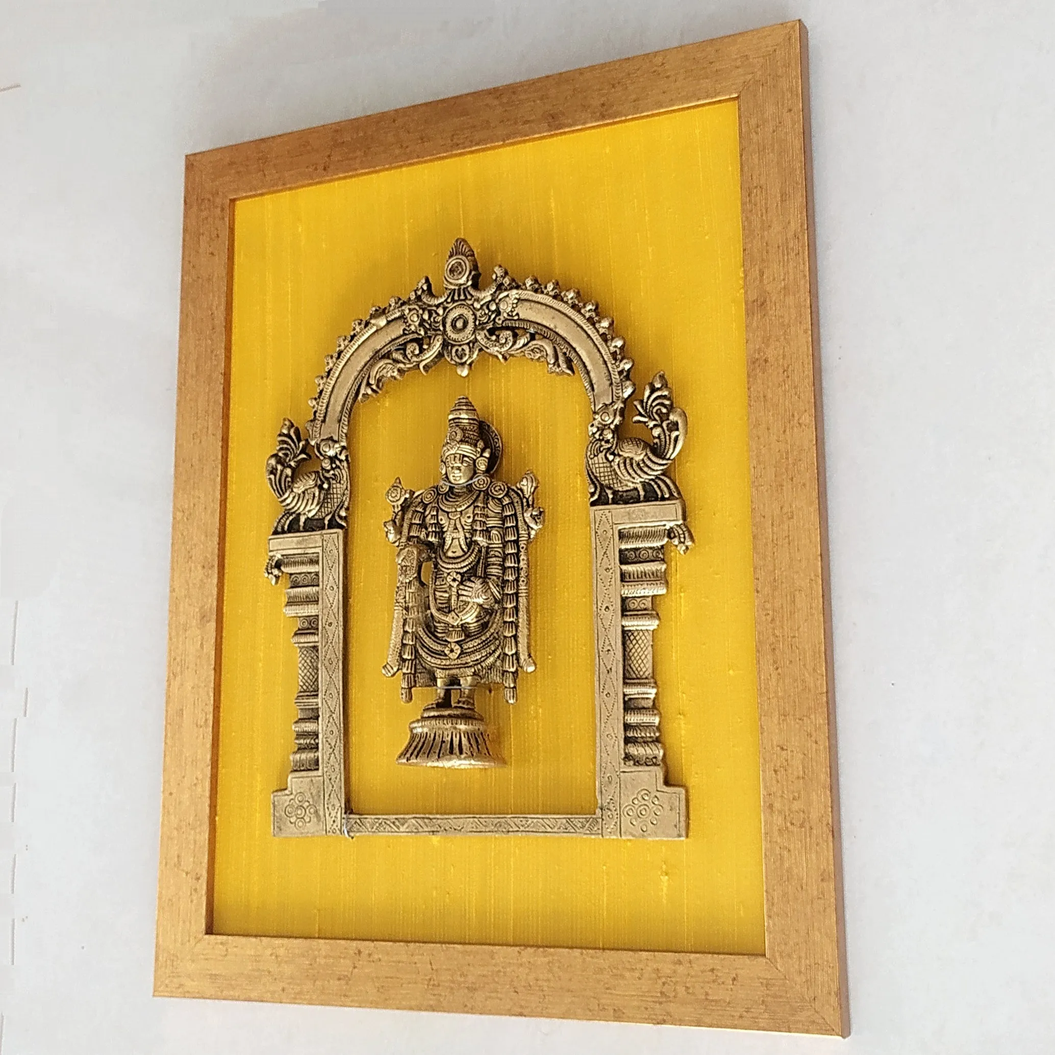 Brass Prabhavali Framed On Yellow Golden Silk With Lord Balaji . Frame - Height 45 cm x Width 35 cm