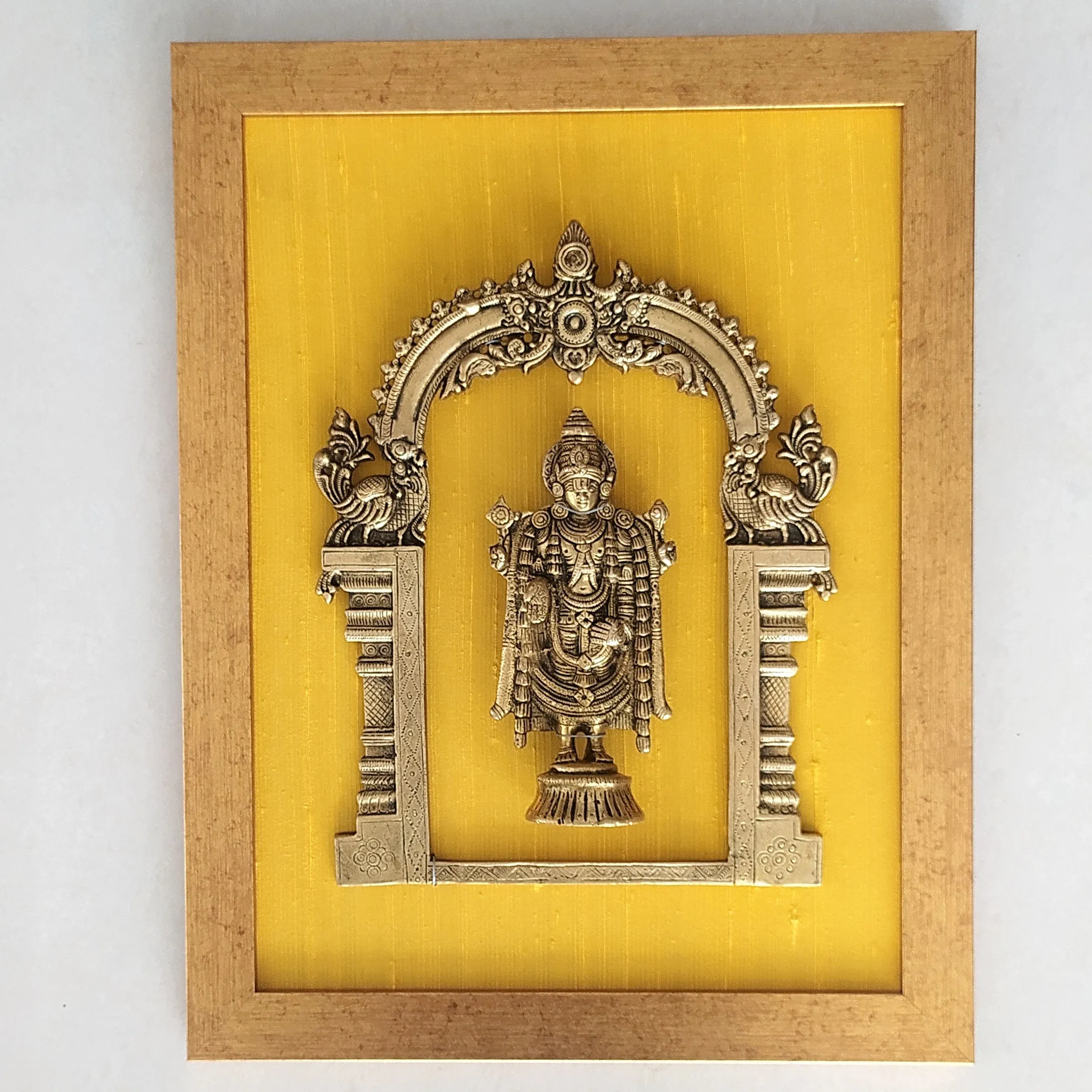 Brass Prabhavali Framed On Yellow Golden Silk With Lord Balaji . Frame - Height 45 cm x Width 35 cm