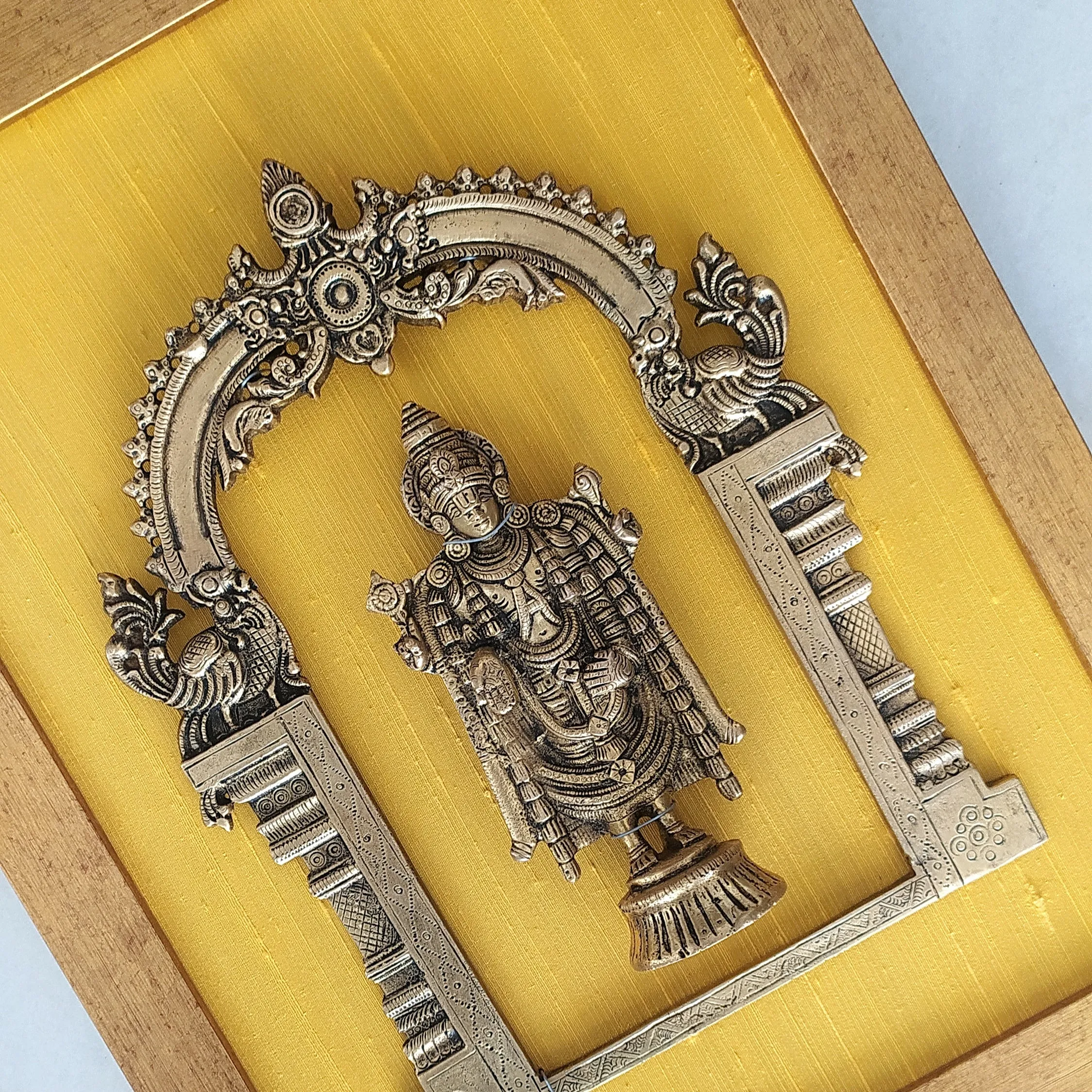 Brass Prabhavali Framed On Yellow Golden Silk With Lord Balaji . Frame - Height 45 cm x Width 35 cm