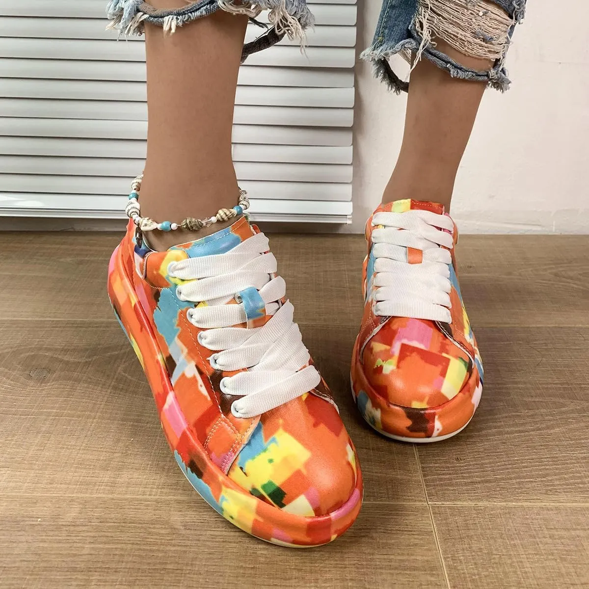 Breathable Low-top Lace-up Graffiti Running Shoes for Men Women - Ideal for Gym, Tennis, Walking, and Fashion