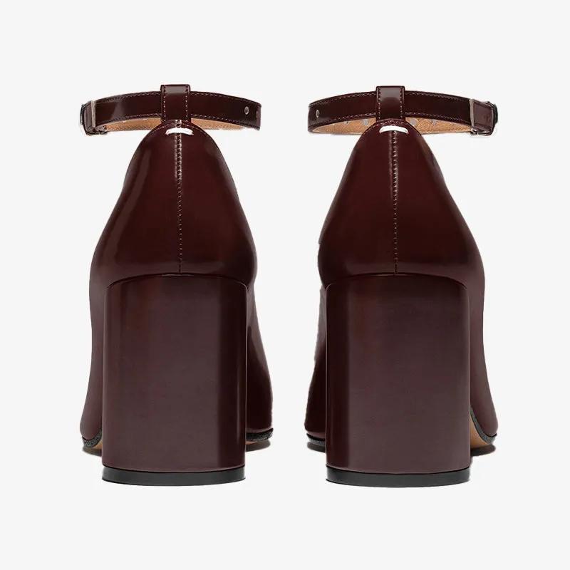 Brown Leather Block-Heel Court Shoes