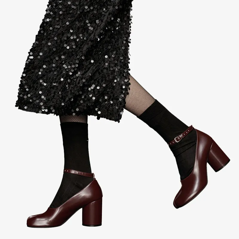 Brown Leather Block-Heel Court Shoes