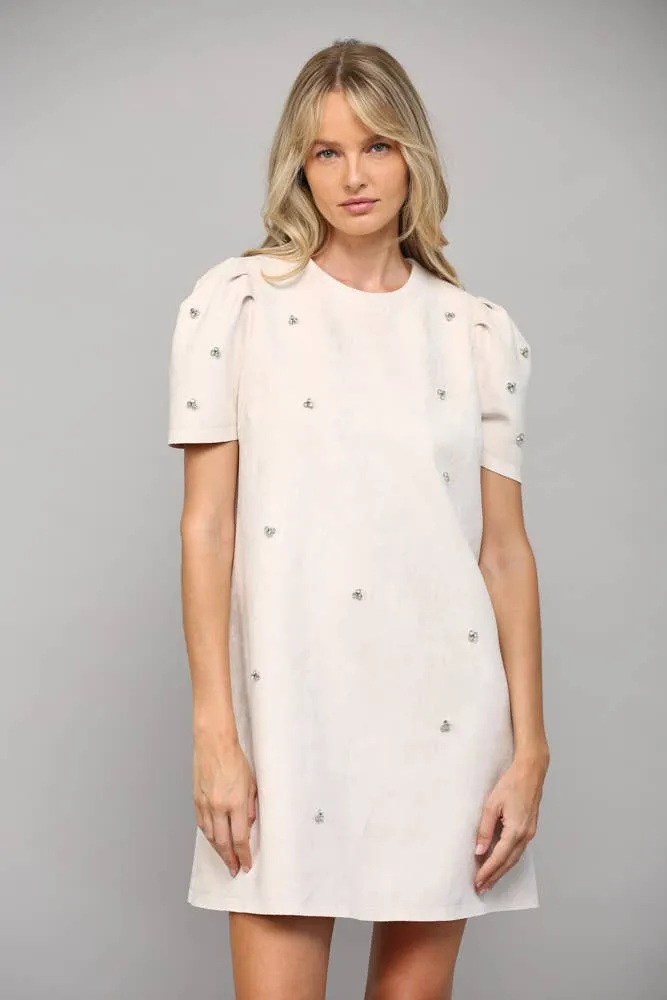 Bubblegum Pink Jewel Embellished Puff Sleeve Shift Dress