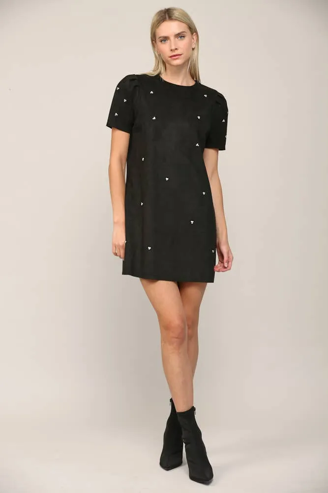 Bubblegum Pink Jewel Embellished Puff Sleeve Shift Dress
