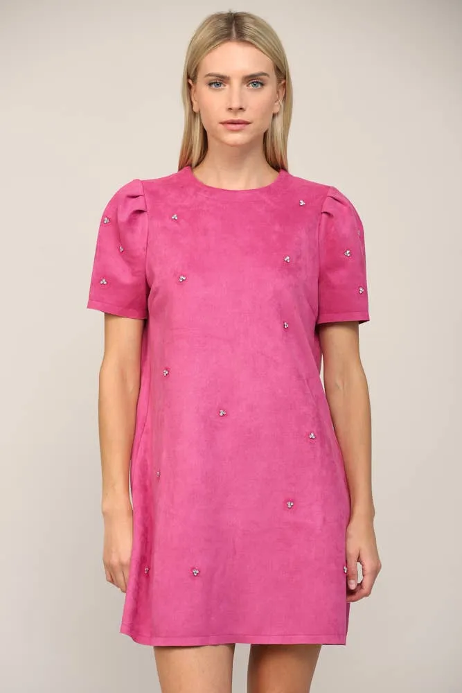 Bubblegum Pink Jewel Embellished Puff Sleeve Shift Dress