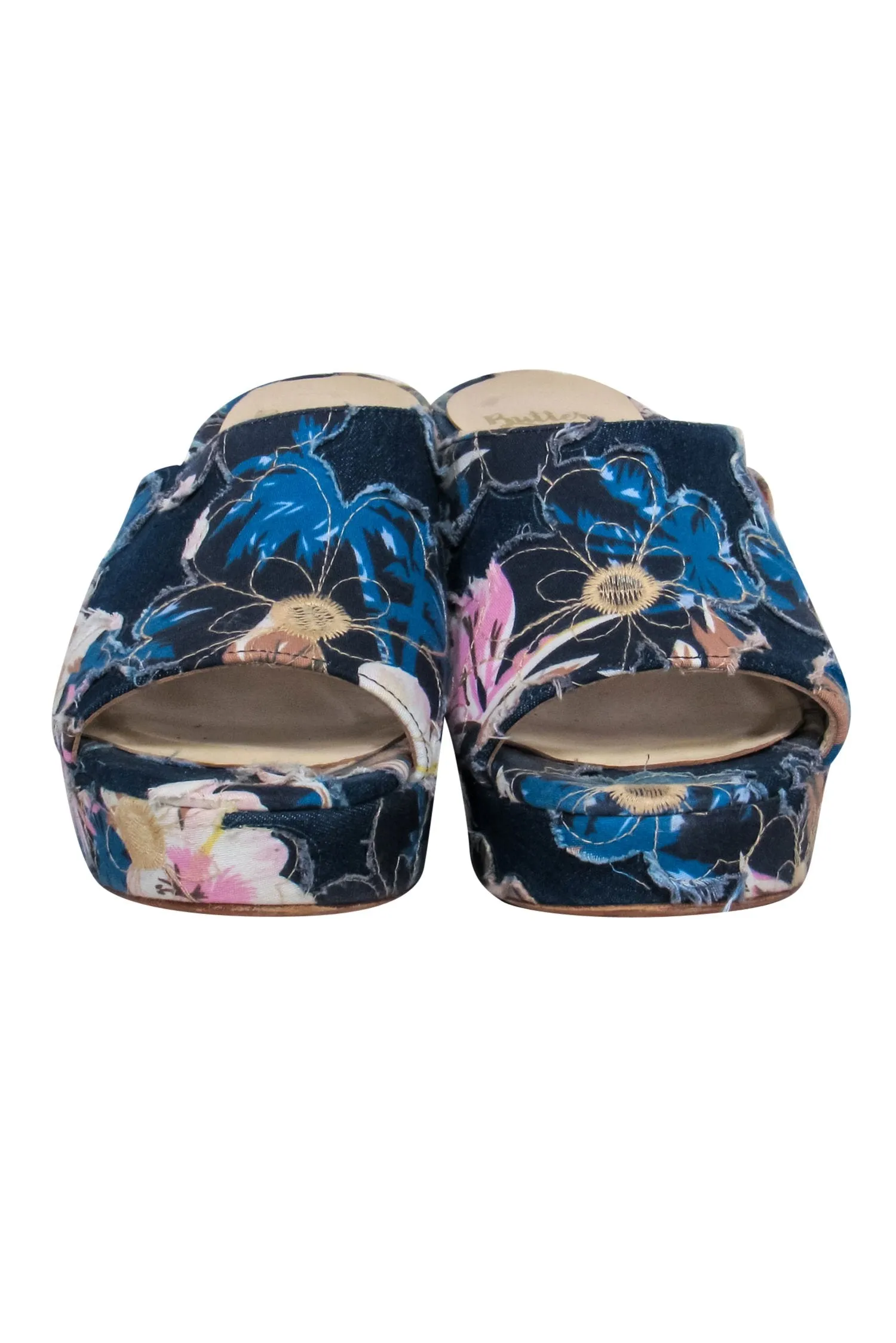 Butter - Dark Wash Denim Peep Toe Mule Pumps w/ Floral Appliques Sz 8